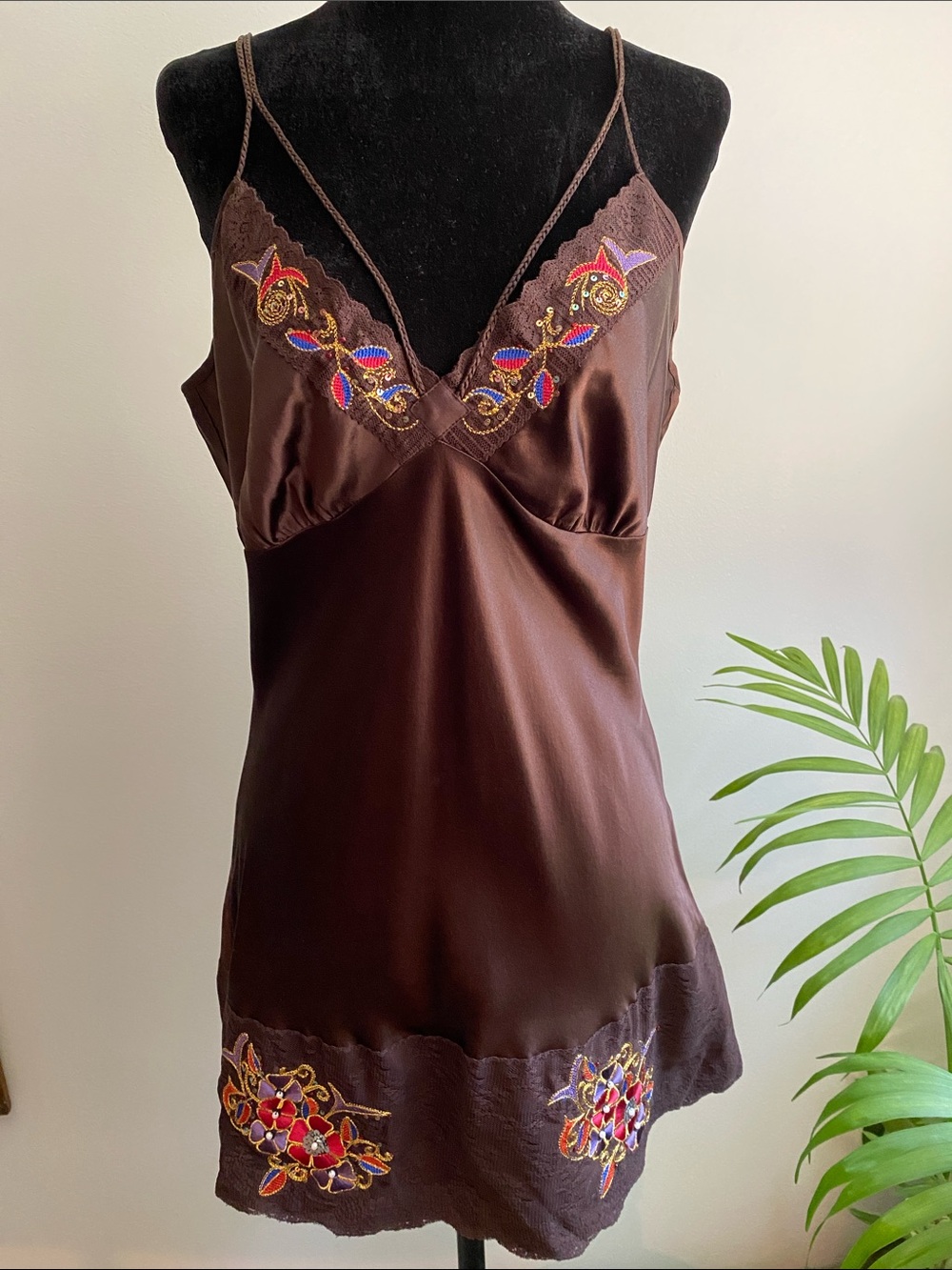 Y2K Central Park West 100% Silk Brown Embroidered Satin Chemise Going Out Top.